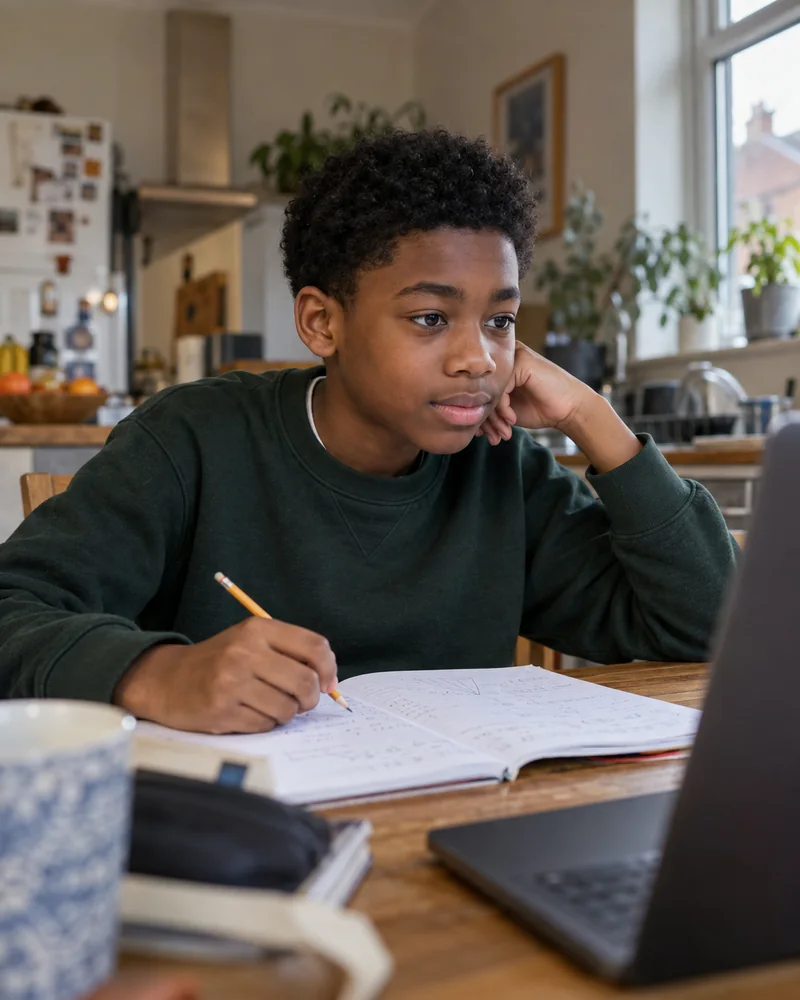 A learner working through a lesson at a kitchen table