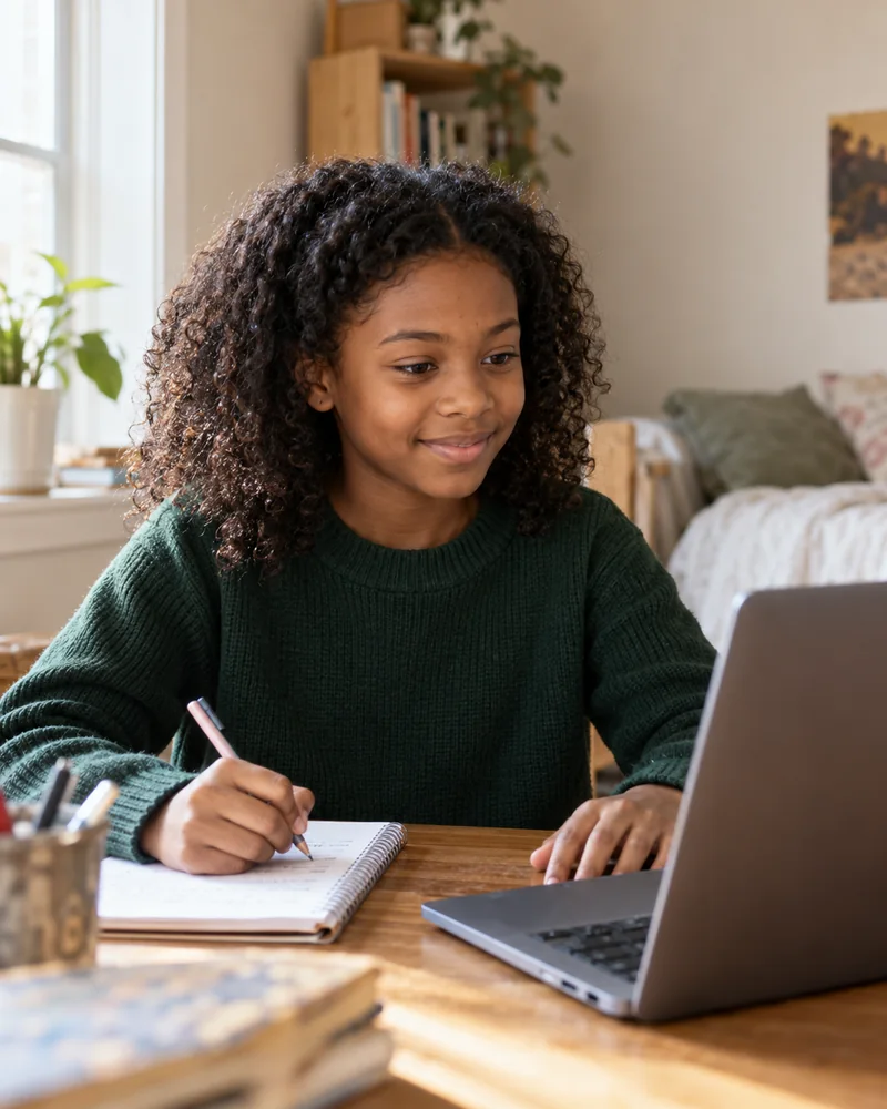 A learner working through a lesson with her notebook and laptop